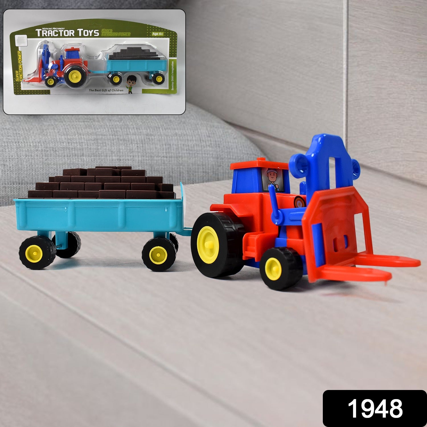 Plastic Tractor Toy Friction Powered Tractor With Bricks Trolley (1 Pc) Plastic Tractor Toy Friction Powered Tractor With Bricks Trolley (1 Pc)